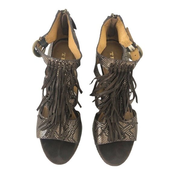 Trask Felicity Snake Print Fringe Wedge Sandals - Picture 3 of 6